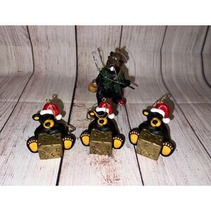 Black Bears w/ 3x Jeff Fleming Gold Gift Christmas Ornaments & Fishing Bear